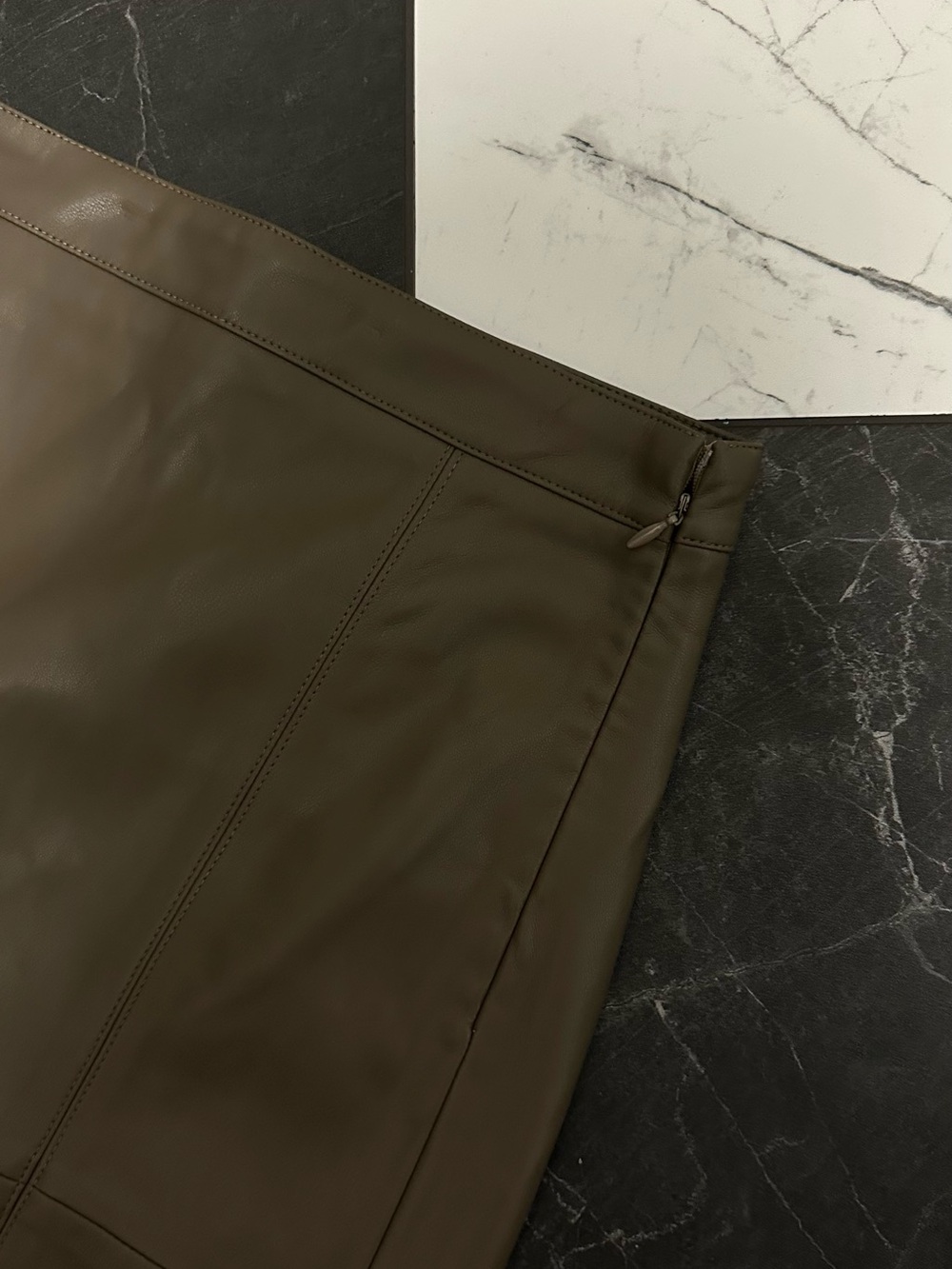 Olive Green Faux Leather Pencil Skirt with Front Slit - Picture 3 of 8